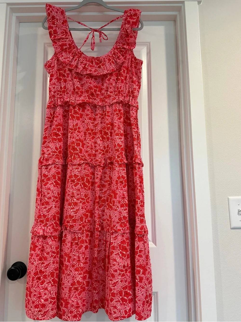 J. Crew Pink and Red Floral Tiered Midi Dress 100 % cotton